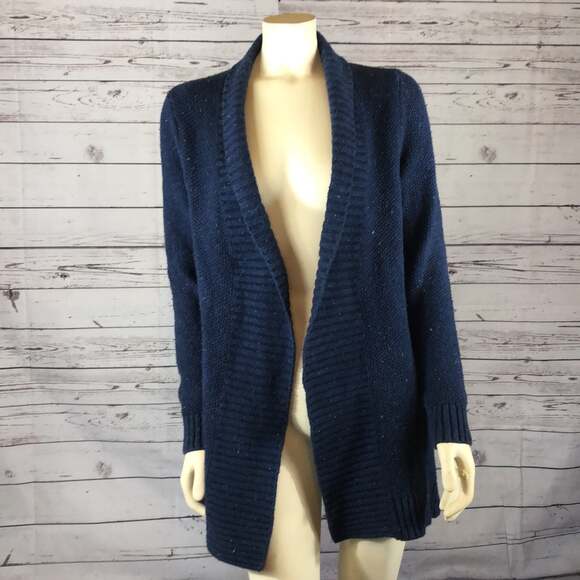 L.L Bean Blue Speckled Chunky Knit shawl collar open front Cardigan size small - Picture 3 of 12